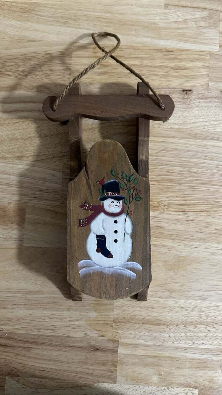 Vintage Painted Snowman Sleigh Christmas Decor Holiday Decoration Hanging Sign